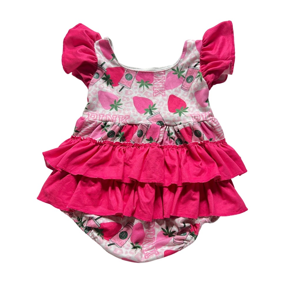 Victoria Secret PINK Baby Girls Ruffle Bodysuit Strawberry Starbucks Print